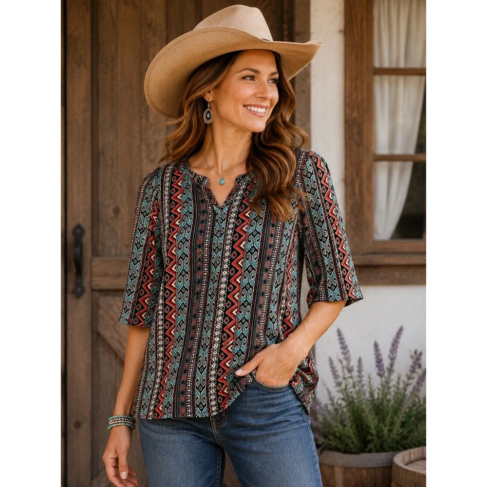 Lawman Womens Large Tribal Geometric Print Tunic Top 3/4 Sleeve Red Black